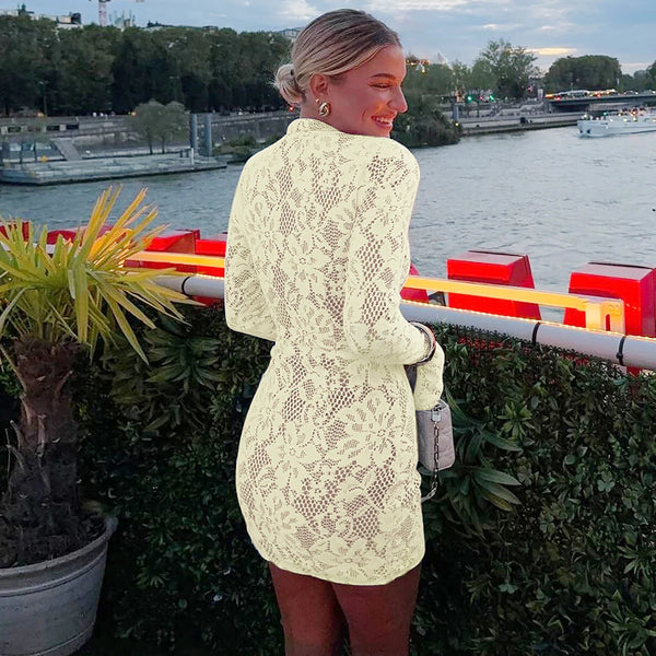 Pearl Lace Keyhole Flare-Sleeve Mini Dress