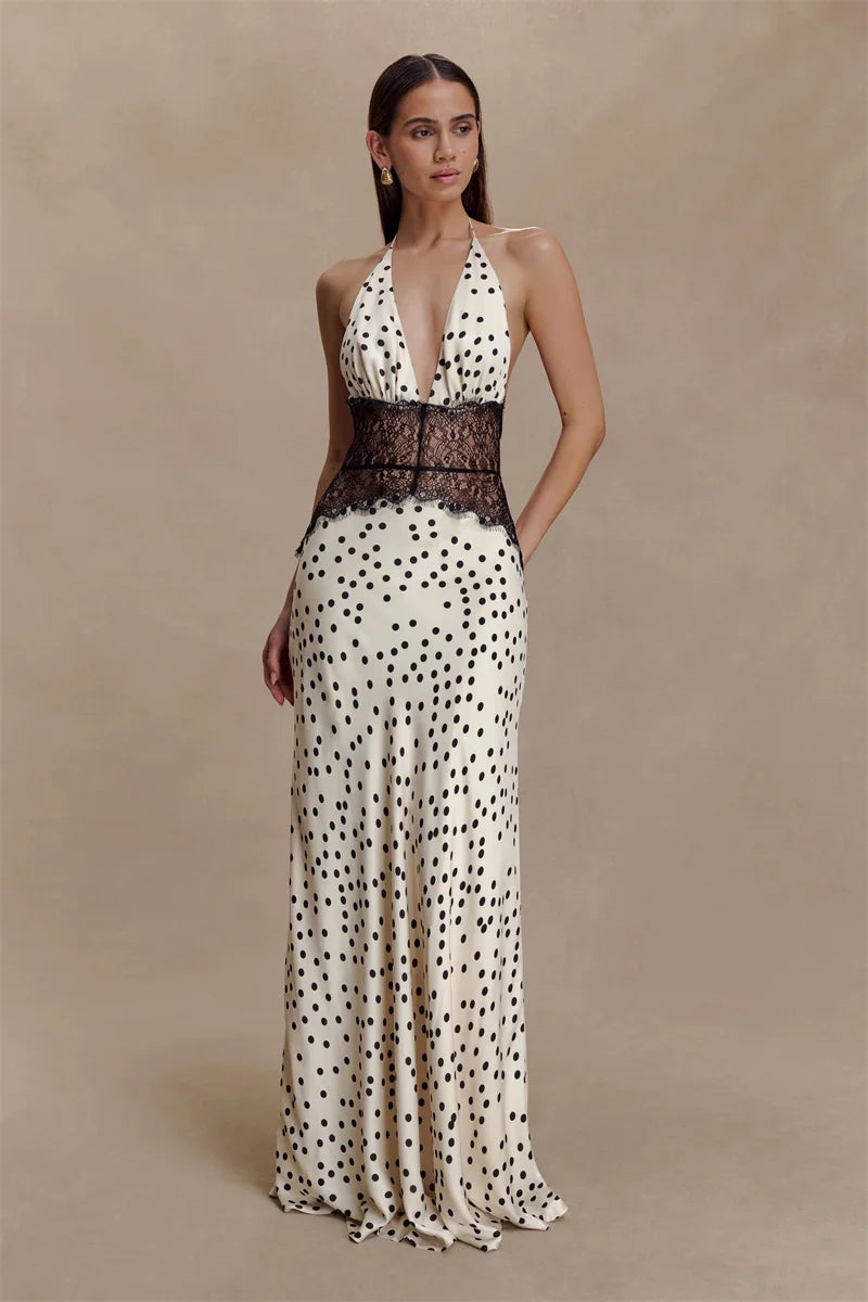 Cecelia Noir Lace Polka Halter Maxi Dress