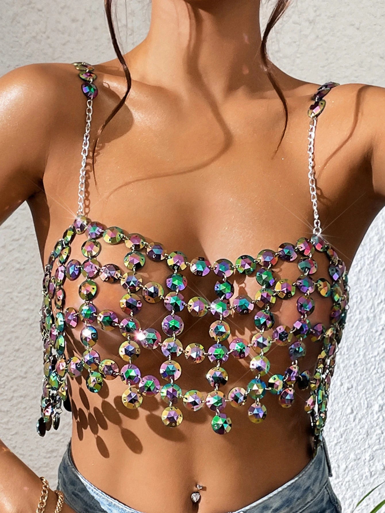 Eira Iridescent Metal Rhinestone Halter Crop Top