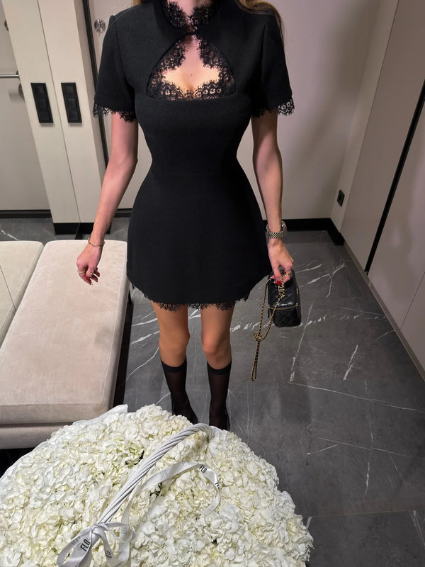 Nadine Lace-Paneled Stand-Collar Mini Dress