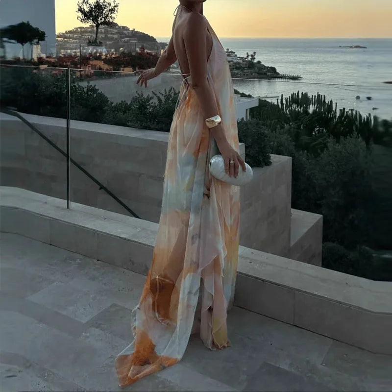 Maelle Printed Backless Halter Maxi Dress