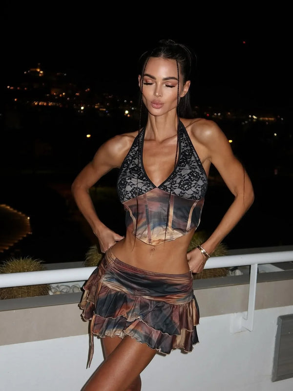 Rio Printed Halter Mini Skirt Set Three-piece