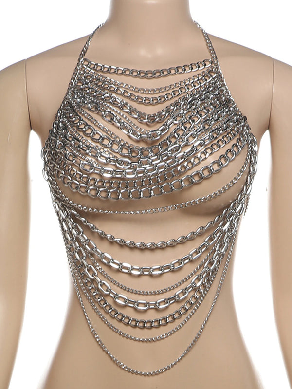 Nyx Silver Chain Halter Crop Top One-piece