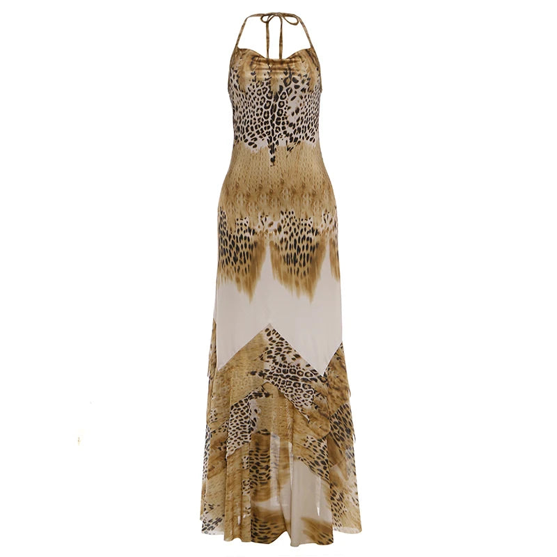 Savanna Leopard Lace-Up Halter Maxi Dress