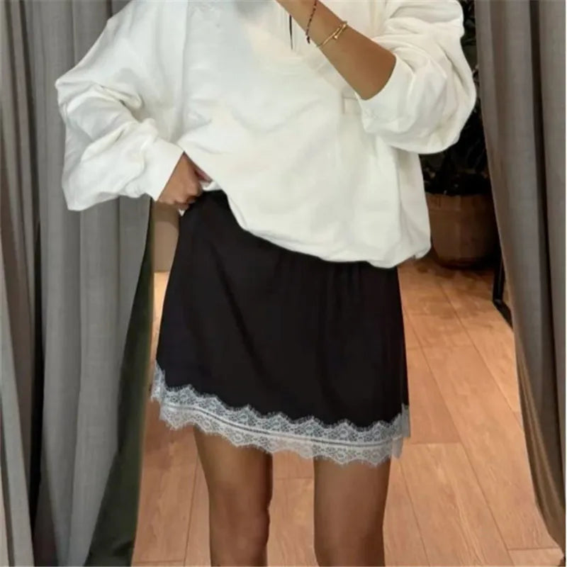 hirigin Summer French Women Satin Pajama Skirts Bottoms Lace Trim Silk Lounge Skirts High Elastic Waist Y2K Vintage Streetwear
