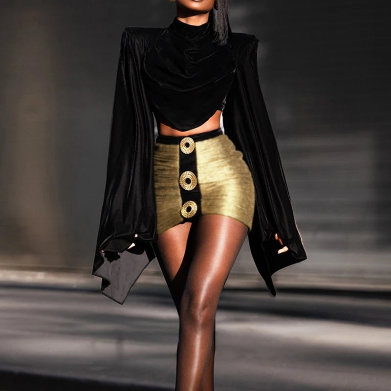 Delfina Batwing Sleeve Crop Top & Metallic Mini Skirt Two-piece