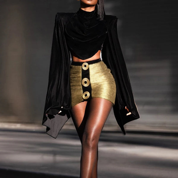 Delfina Batwing Sleeve Crop Top & Metallic Mini Skirt Two-piece
