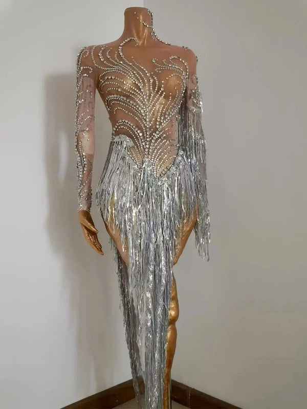 Aria Crystal Fringe Illusion maxi dress One-piece