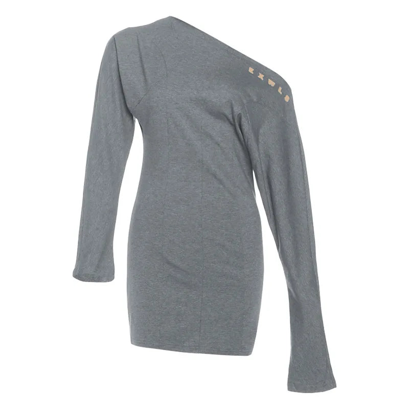 PixieKiki Jennie One Shoulder Long Sleeve Mini Dress Fashion Sexy Asymmetrical Grey Dresses 2025 Woman Fall Clothes P71-DF32