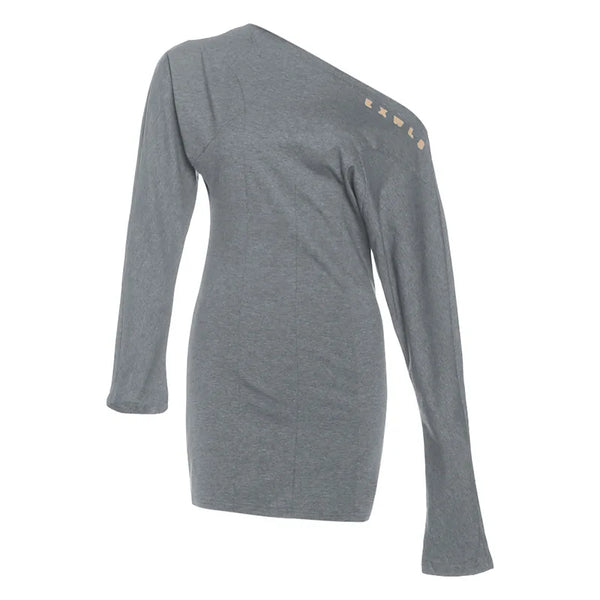 PixieKiki Jennie One Shoulder Long Sleeve Mini Dress Fashion Sexy Asymmetrical Grey Dresses 2025 Woman Fall Clothes P71-DF32