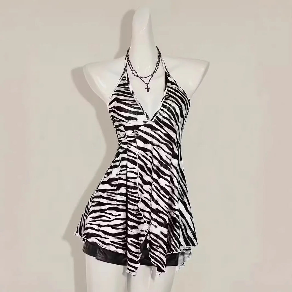 Summer New European American Style Retro Zebra Print Y2K Fashionable Sexy V-neck Hanging Neck Backless Vest Top For Women