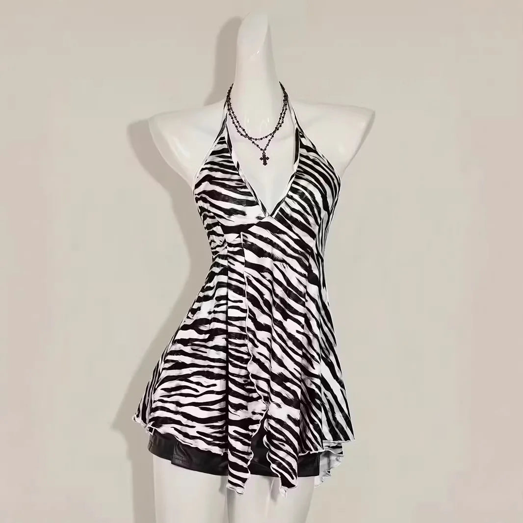 Summer New European American Style Retro Zebra Print Y2K Fashionable Sexy V-neck Hanging Neck Backless Vest Top For Women