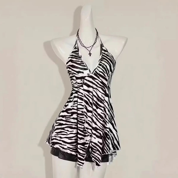 Summer New European American Style Retro Zebra Print Y2K Fashionable Sexy V-neck Hanging Neck Backless Vest Top For Women