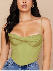 NewAsia Satin Corset Top Spaghetti Strap Lining Cowl Neck Boning Padded 2Layer Backless Zipper Bustier Sexy Crop Tops Women 2021