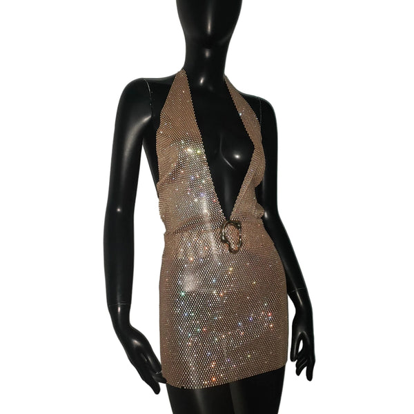 Karina Rhinestone Fishnet Halter Mini Dress