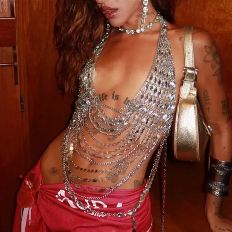 Women Rhinestone Halter Body Top Deep V Open Back Multi Layer Fringe Tassel Crystal Chain Crop Vest Nightclub Rave Jewelry Top