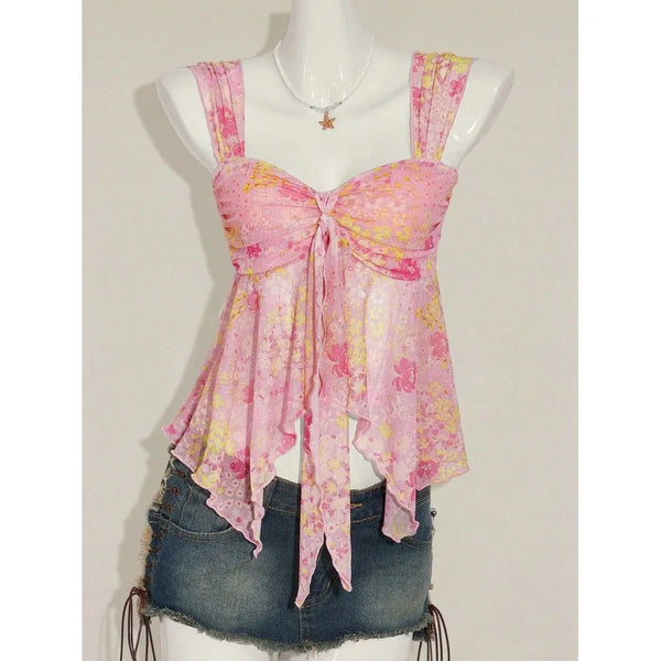 Poppy V-Neck Bow Sheer Camisole Crop Top One-piece