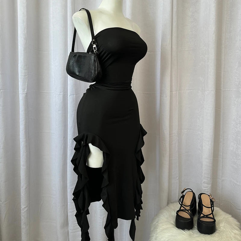 Luna Asymmetric Ruffle Slit Maxi Dress One-piece