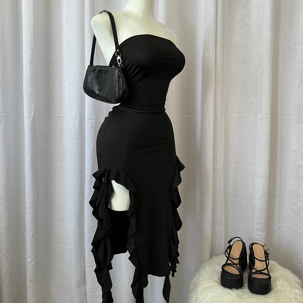 Luna Asymmetric Ruffle Slit Maxi Dress One-piece
