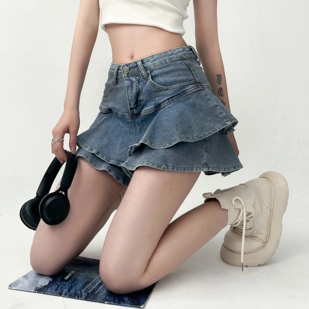 Skye Vintage Distressed Denim Ruffle Skort One-piece