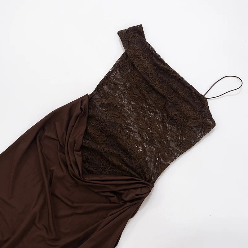 Valentina Cocoa Lace Draped Maxi Dress