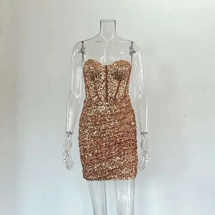 Aurelina Glitter Strapless Ruched Bodycon Mini Dress