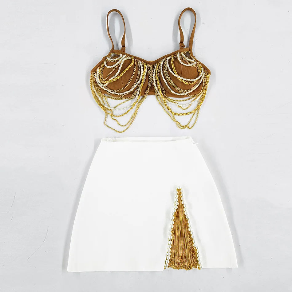 Una Beaded Bandage Mini Skirt Set Two-piece