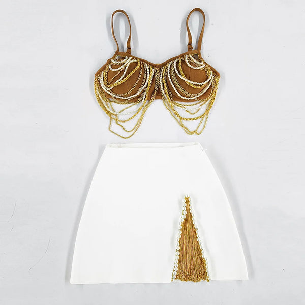 Una Beaded Bandage Mini Skirt Set Two-piece