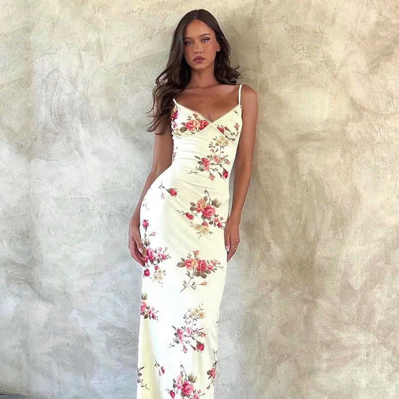 Adalgisa Floral Print V-Neck Cami Backless Bodycon Maxi Dress