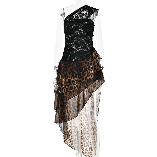 Amaranta Sheer Lace & Leopard One-Shoulder Ruffle Dress