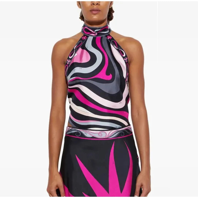 Ermengarde Print Halter Bow Backless Top & Long Skirt Set