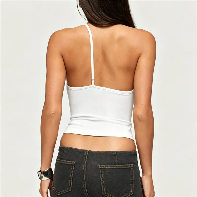 Zara Lace Asymmetric Halter V-Neck Cutout Crop Cami Top