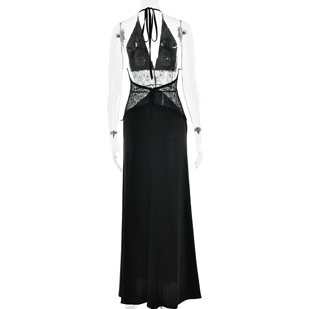 Pervinca Lace-Panel Satin Plunge Halter Backless Maxi Dress