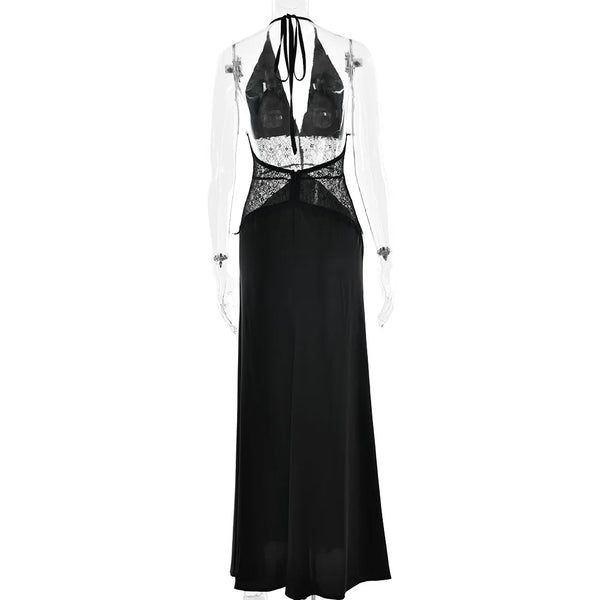 Pervinca Lace-Panel Satin Plunge Halter Backless Maxi Dress