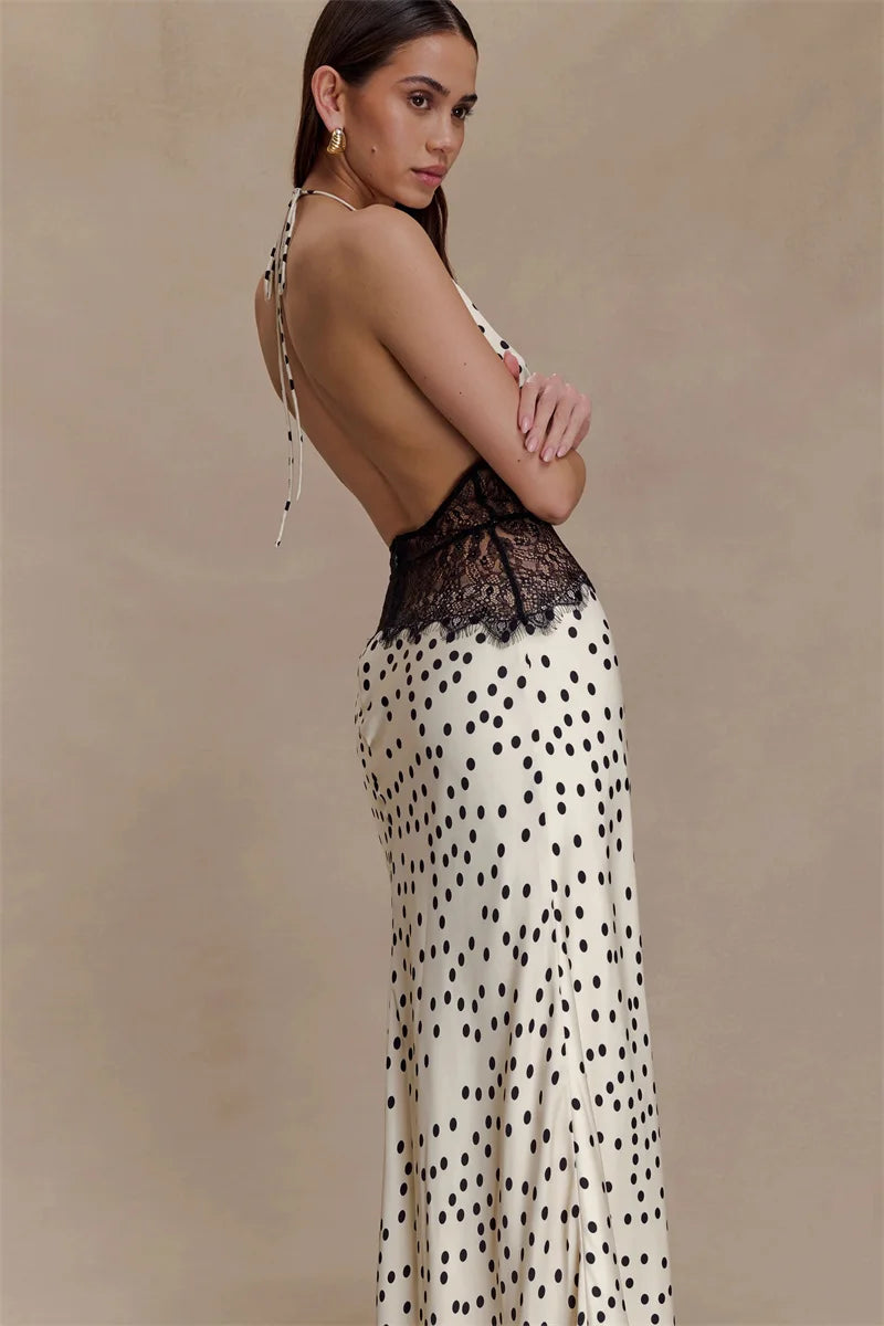 Cecelia Noir Lace Polka Halter Maxi Dress