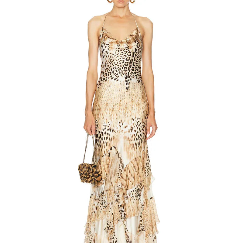 Leocadia Leopard Print Halter Ruffle-Tier A-Line Maxi Dress
