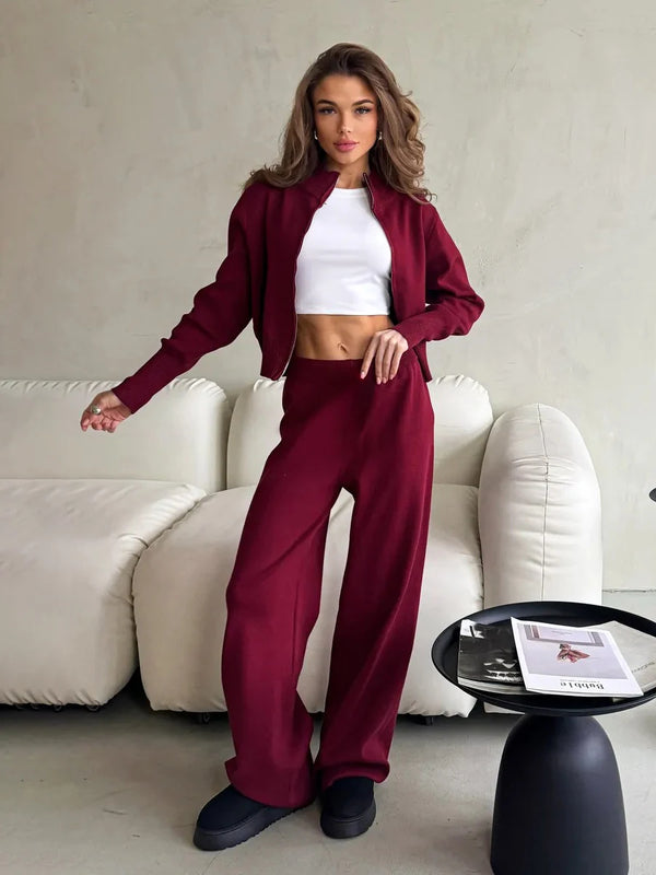 Sigourney Knit Zip-Up Cropped Cardigan & Wide-Leg Pants Two-Piece Set