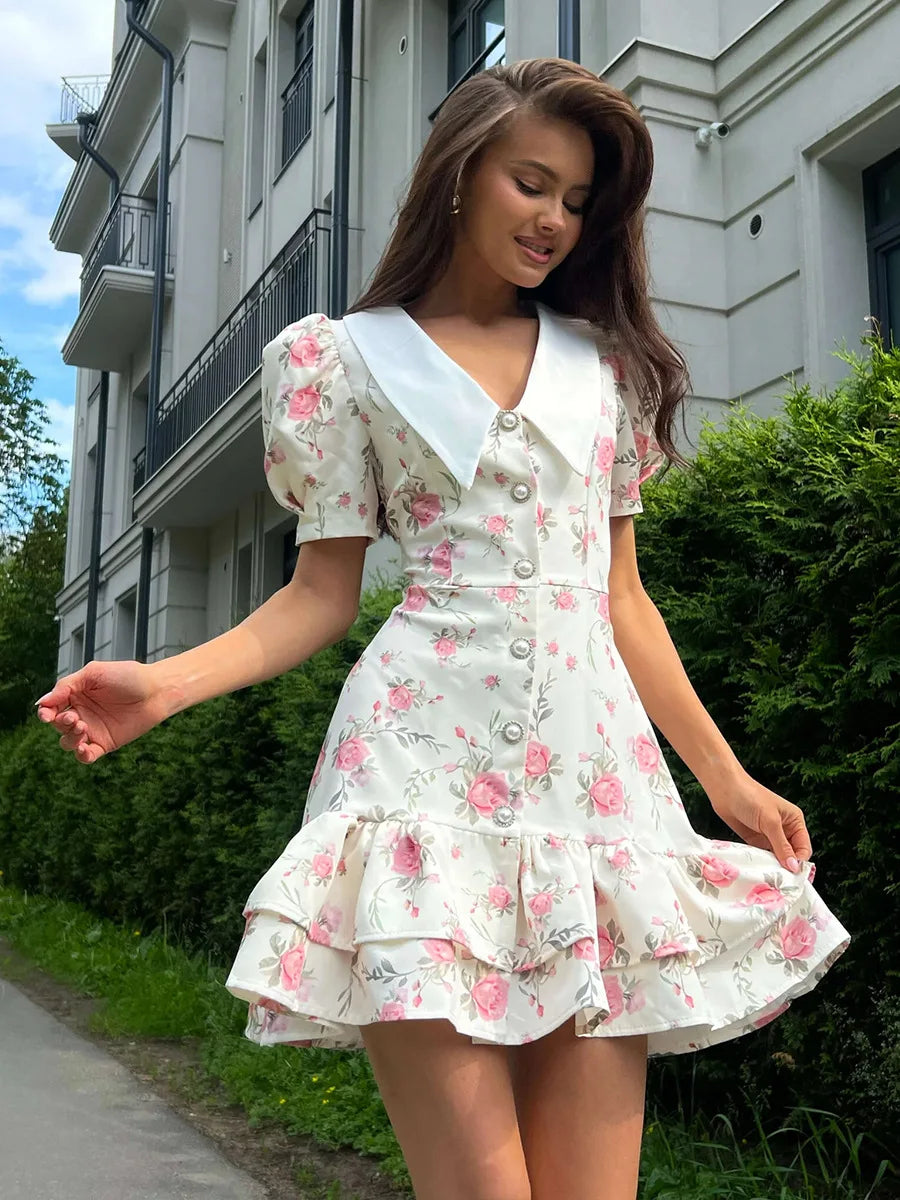 Gisella Floral Collared Puff-Sleeve Pearl-Button Ruffle Mini Dress