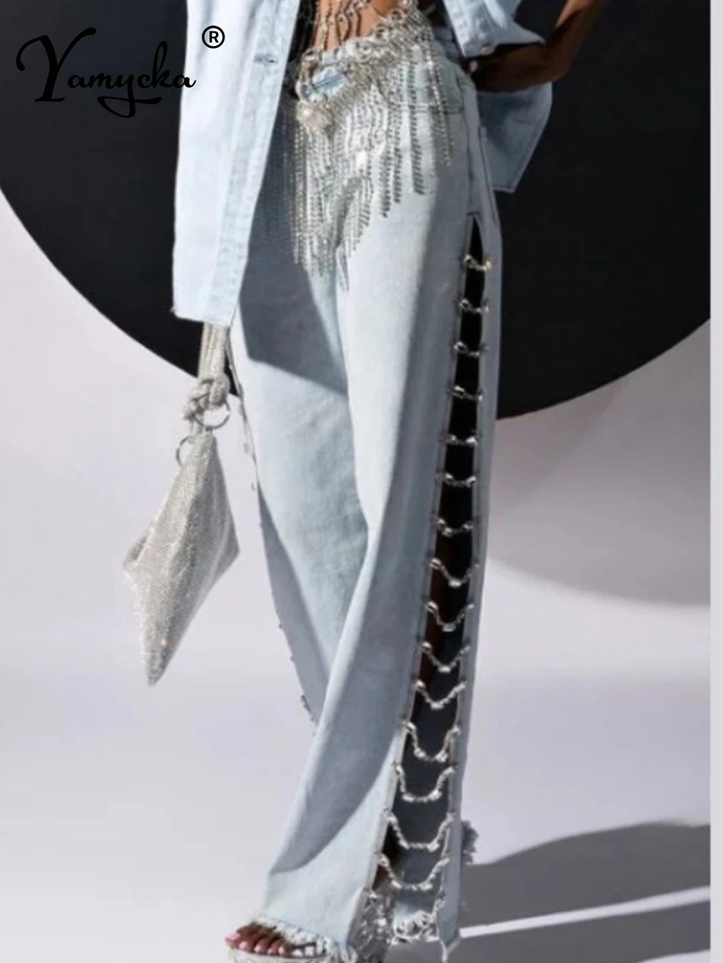 Jessamine Rhinestone Cutout Wide-Leg Jeans One-piece