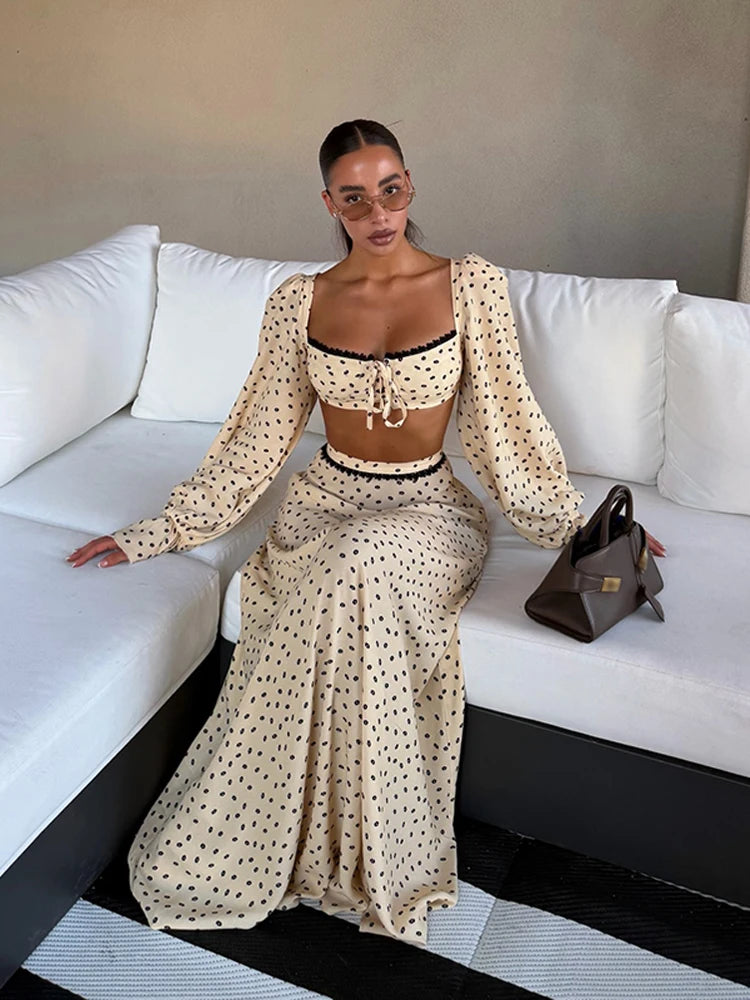 Fashion Women's Polka Dot Long Skirt Set Square Neck Lantern Sleeve Lace Crop Top High Waist A-line Skirts 2026 Summer Lady Suit Secondary image