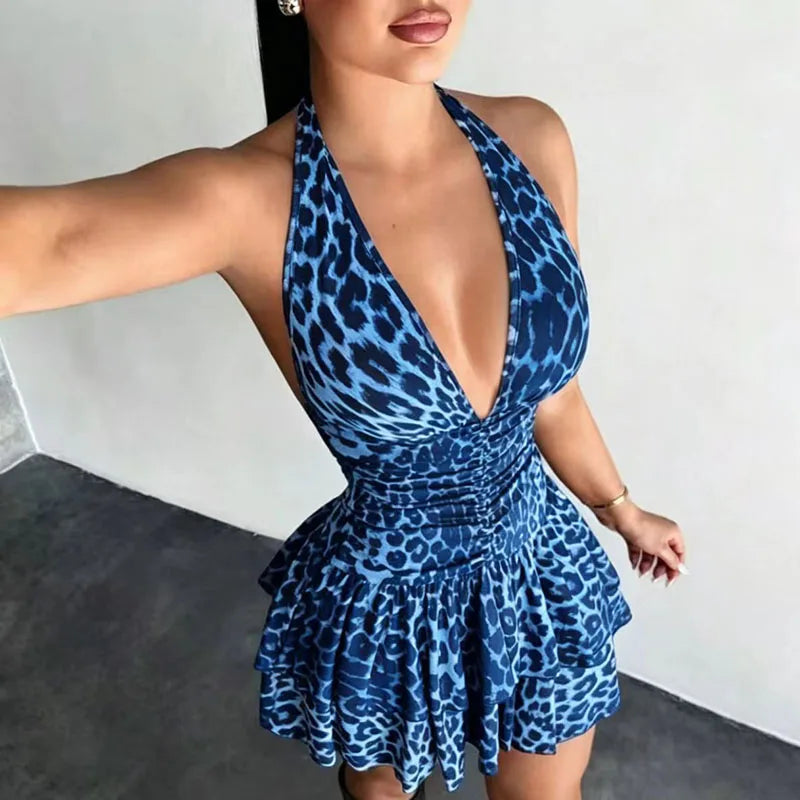 Yesenia Leopard Halter Plunge Ruffle Mini Dress