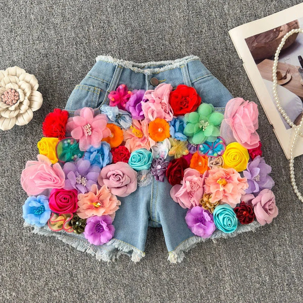 Flora 3D Floral Denim Shorts Apparel One-piece