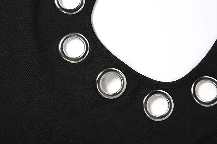 Kliou Sexy Backless Mini Dress Woman Metal Ring Hollow Decoration Halter U Collar Sleeveless Midnight Club Party Hipster Bodycon