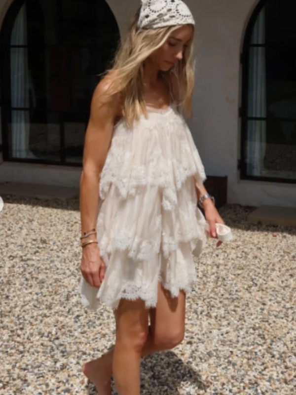 Brielle Ivory Lace Trim Ruffle Mini Dress