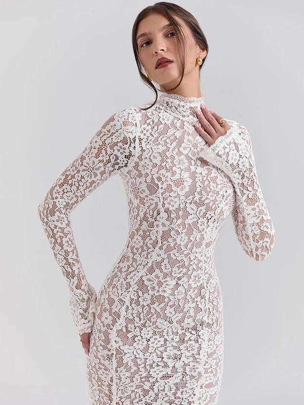 Bianca Lace High-Neck Long-Sleeve Midi Dress