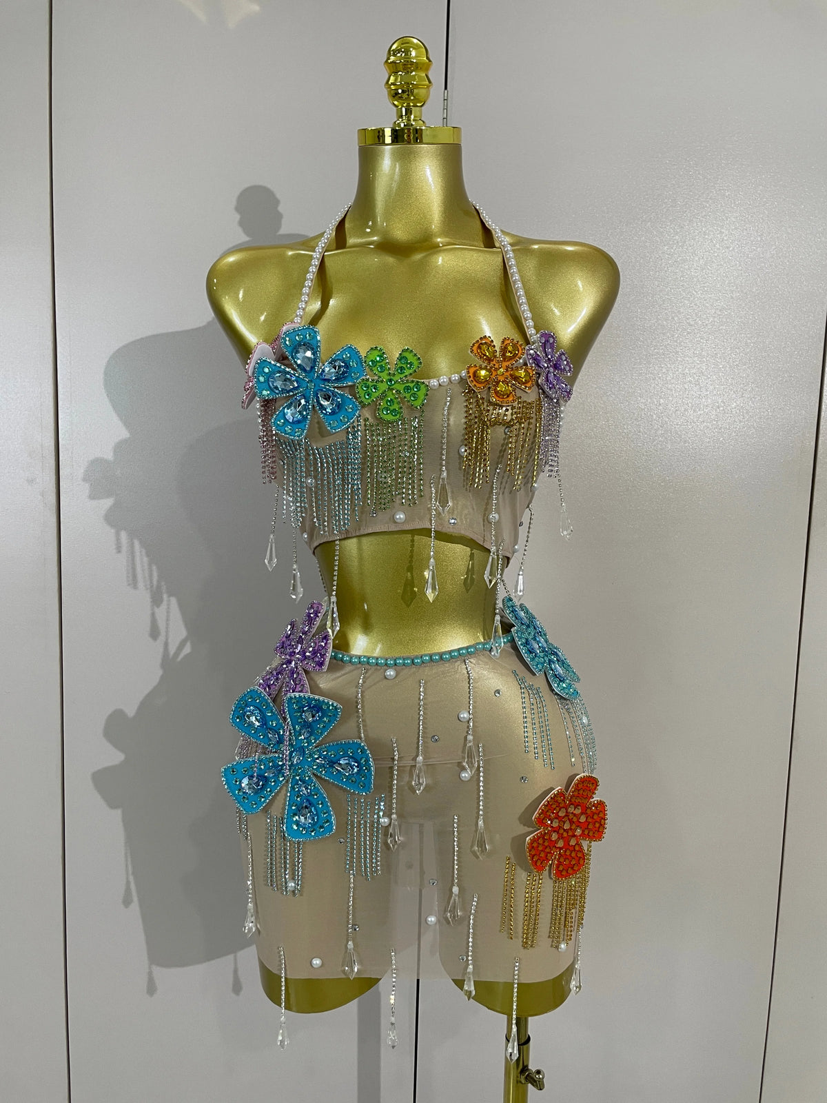 Esmeralda Crystal Fringe Flower Bra Top & Mini Skirt Two-piece