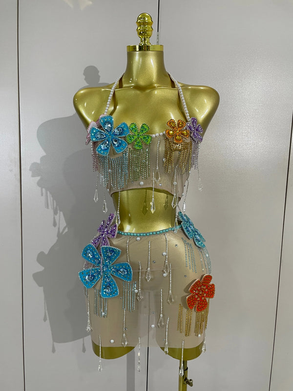 Esmeralda Crystal Fringe Flower Bra Top & Mini Skirt Two-piece