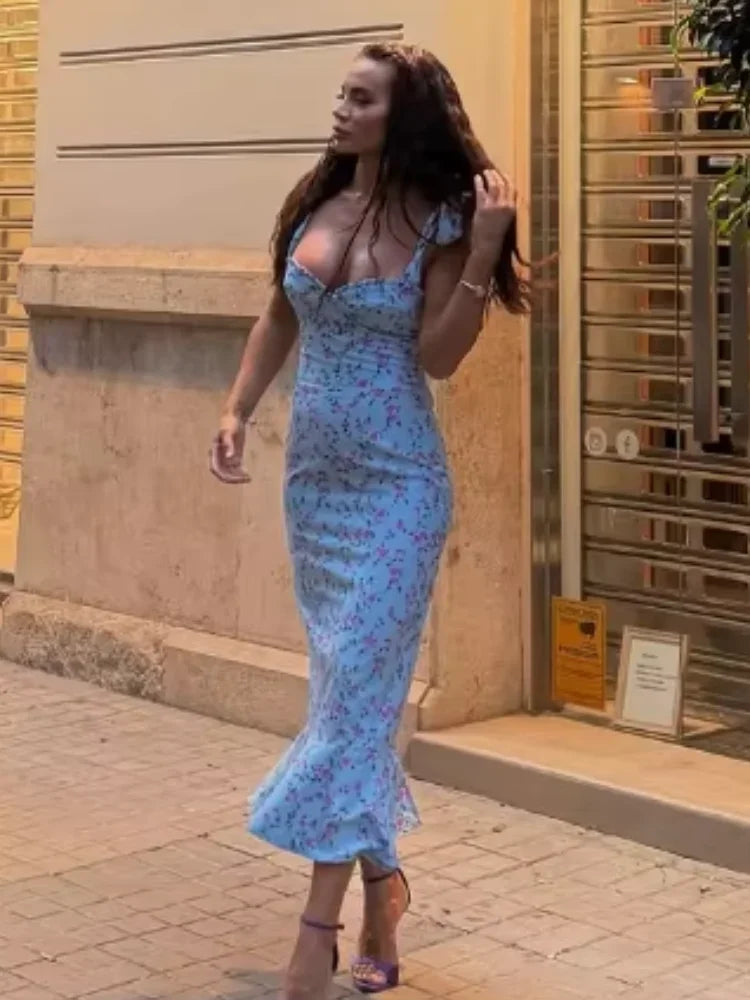 Elegant Printed Sling Dress Women V-neck Sleeveless High Waist Bodycon Midi Dresses 2026 Summer Lady Fashion Party Club Robes Main image