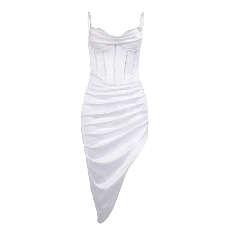 Zoctuo Rhinestone Satin Dresses Boned Low Cut Silky Spaghetti Strap Side Split 2 Deck Ruched Pads Backless Midi Summer Vestidos