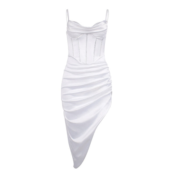 Zoctuo Rhinestone Satin Dresses Boned Low Cut Silky Spaghetti Strap Side Split 2 Deck Ruched Pads Backless Midi Summer Vestidos